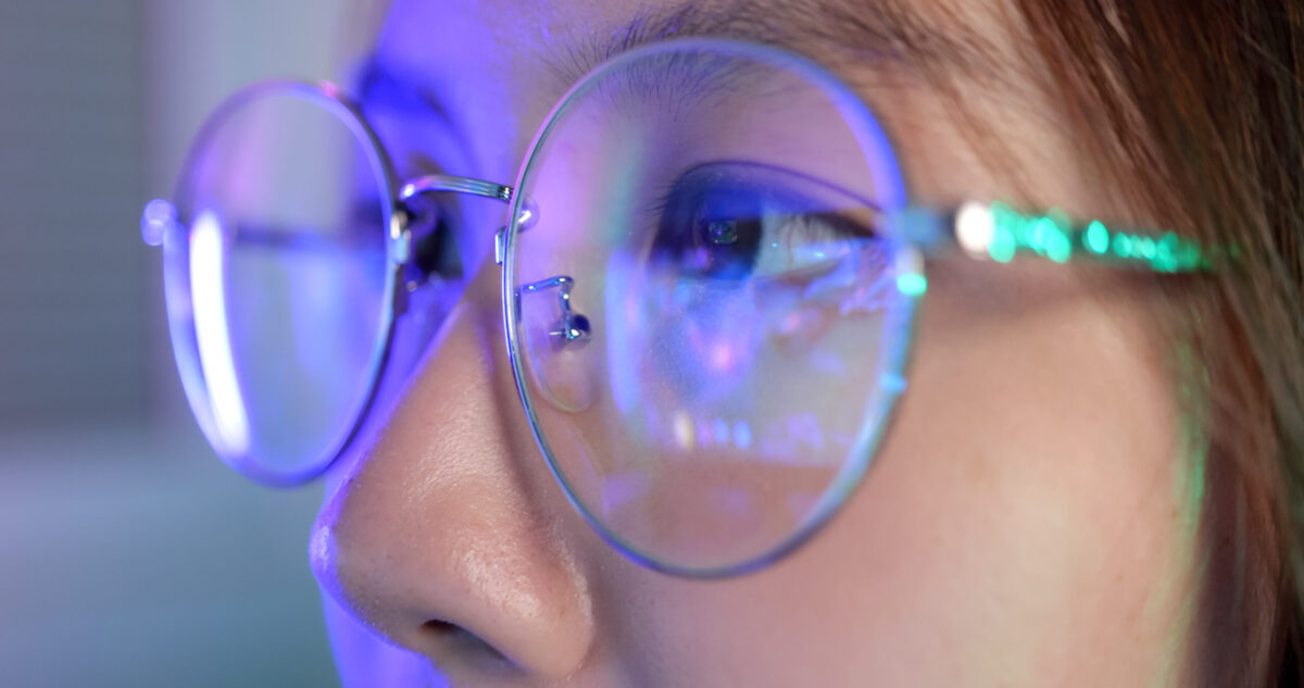 Female Gamer Wearing Glasses For Reducing Eye Strain Blurred Vision At Home